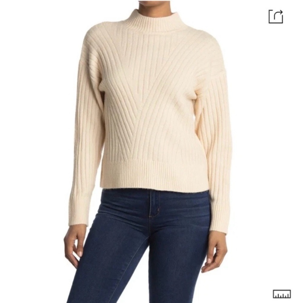 Sophie Rue Mock Neck Ribbed Knit Sweater Solid Cream Pullover Large Women’s